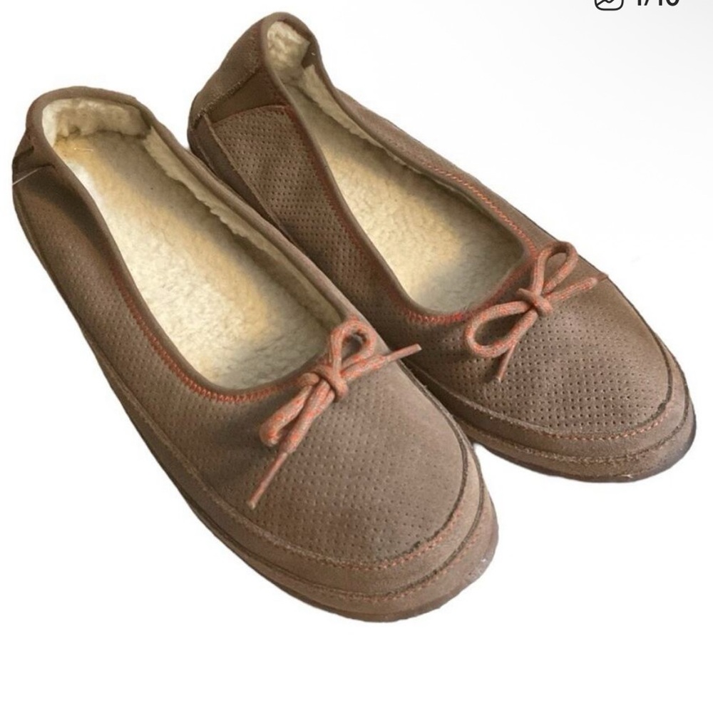 LL Bean Hearthside Slippers Womens Size 10 M Brown Suede Sherpa Lined Shoes